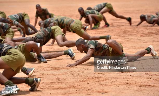 Recruits going through rigorous training session at Parachute Regiment Training Centre, on August 18, 2017 in Bengaluru, India. Members of the...