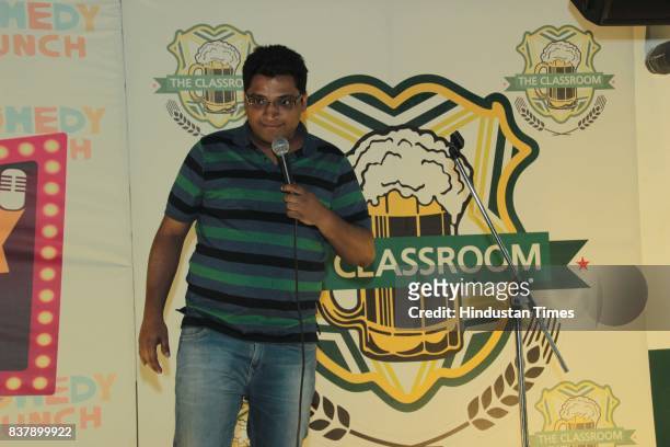 Gaurav Gupta, stand-up comedian, performs during the comedy night organised by The Classroom, Restro-Bar at Leisure Valley Road, Sector-29, on August...