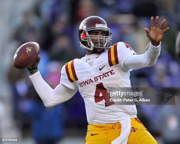 Quarterback Austen Arnaud of the Iowa State Cyclones throws the ball down field during the third quarter against the Kansas State Wildcats on...