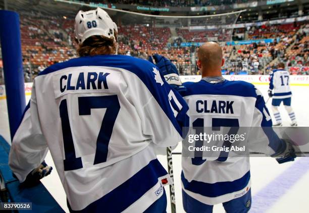 Nik Antropov and Ian White of the Toronto Maple Leafs skate during warm up prior to game action against the Chicago Blackhawks November 22, 2008 at...