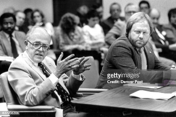 State Travel Al Levine, former Deputy Dir. Of Dept. Of Administration and Rep. Sandy Hume during hearing on a bill regarding state travel. Credit:...