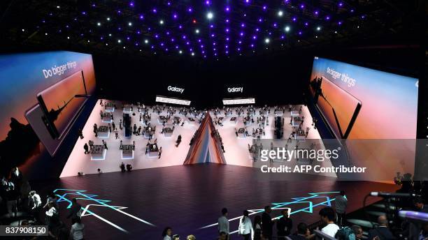 Images are displayed on a giant screen at the Samsung Galaxy Unpacked 2017 event on August 23, 2017 in New York where the new Samsung Note8...