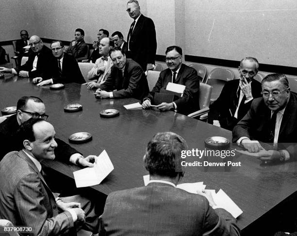 Photographed just before a Democratic party of House members are, in foreground, left to right: Rep. Thomas Frley of Pueblo, Ben Klein of Denver and...