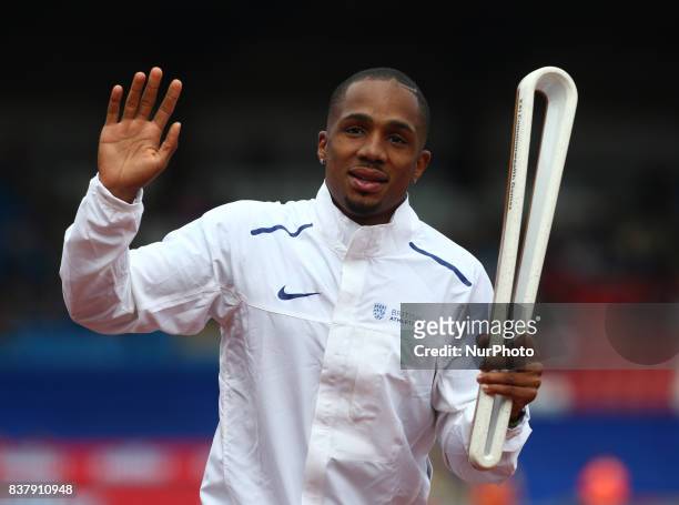 Chijindu UJAH of Great Britain carry the Commonwealth baton around the track during Muller Grand Prix Birmingham as part of the IAAF Diamond League...