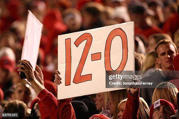 Fan of the Utah Utes holds a a sign after defeating the BYU Cougars 48-24 to complete a pefect 12-0 season at Rice-Eccles Stadium on November 22,...