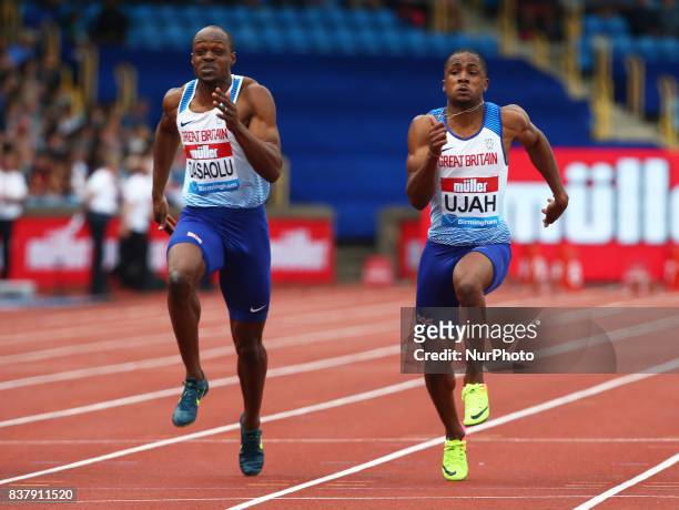 James DASAOLU of Great Britain and Chijindu UJAH of Great Britain competes in the Men's 100m Final during Muller Grand Prix Birmingham as part of the...