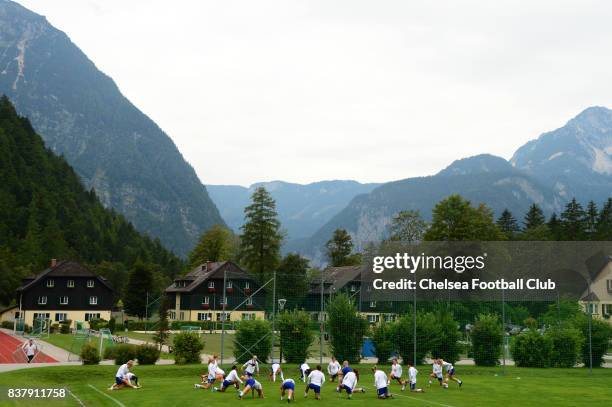 Chelsea Ladies warm up in front of mountains during a training session on August 23, 2017 in Schladming, Austria.