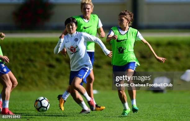 Ji So Yun and Hannah Blundell of Chelsea during a training session on August 23, 2017 in Schladming, Austria.