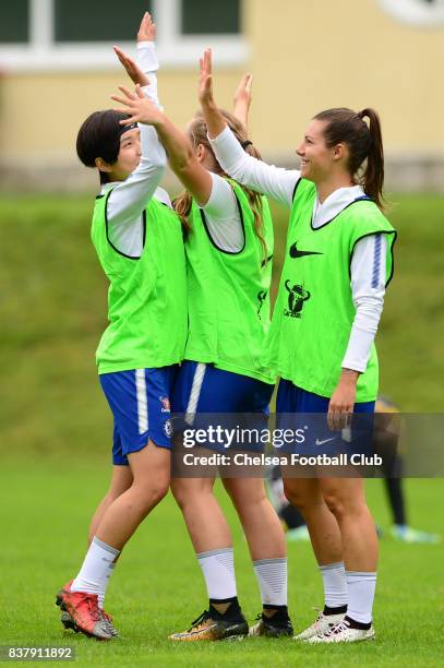 Ji So Yun, Erin Cuthbert and Ramona Bachmann of Chelsea during a training session on August 23, 2017 in Schladming, Austria.