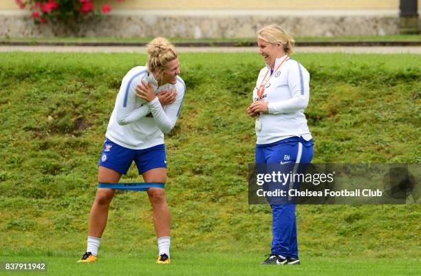 Mille Bright of Chelsea talking with Manager Emma Hayes during a training session on August 23, 2017 in Schladming, Austria.