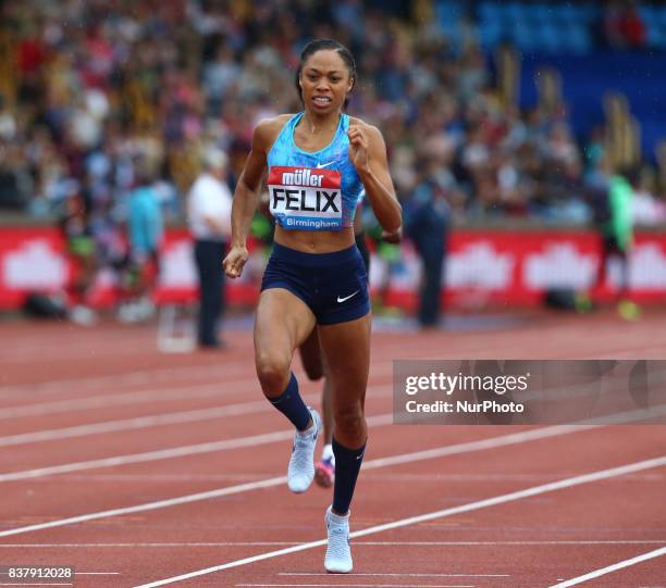 Allyson FELIX of USA competes in the 400m women during Muller Grand Prix Birmingham as part of the IAAF Diamond League 2017 at Alexander Stadium on...