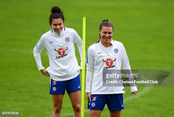 Karen Carney and Ramona Bachmann of Chelsea during a training session on August 23, 2017 in Schladming, Austria.