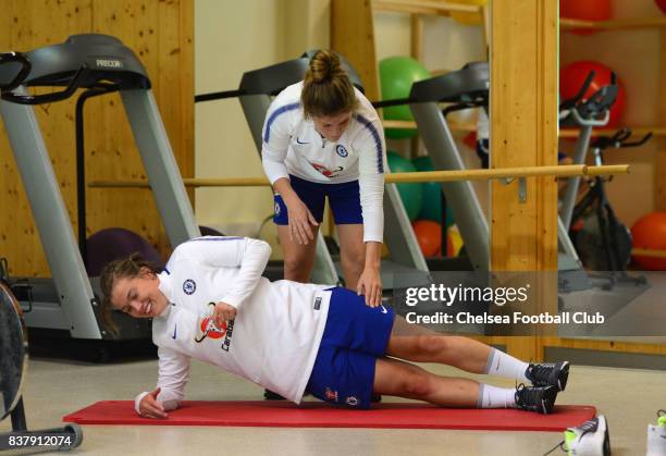 Erin Cuthbert and Maren Mjelde of Chelsea in the gym during a training session on August 23, 2017 in Schladming, Austria.