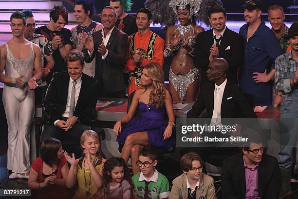 Dieter Bohlen, Sylvie van der Vaart and Bruce Darnell amidst all the candidates during the semifinal of the TV show 'The Supertalent' on November 22,...