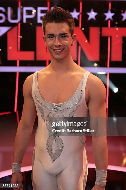 Finalist Christoph Hease celebrates at the semifinal of the TV show 'The Supertalent' on November 22, 2008 in Cologne, Germany.