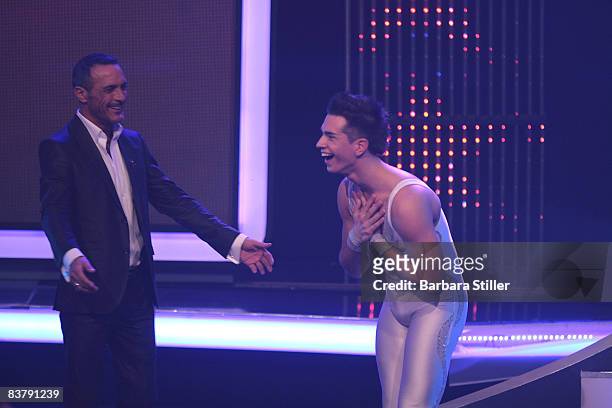 Carlos Fassanelli and Christoph Hease celebrate during the semifinal of the TV show 'The Supertalent' on November 22, 2008 in Cologne, Germany.