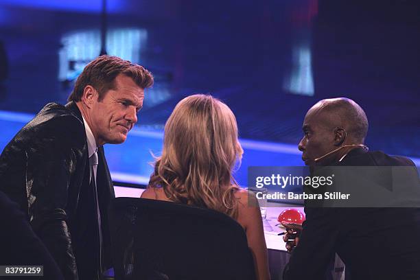 Dieter Bohlen, Sylvie van der Vaart and Bruce Darnell discussing during the semifinal of the TV show 'The Supertalent' on November 22, 2008 in...