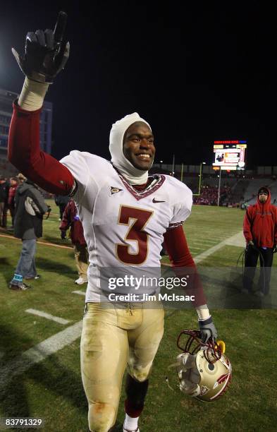 Myron Rolle of the Florida State Seminoles walks off the field after defeating the Maryland Terrapins on November 22, 2008 at Byrd Stadium in College...