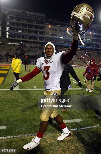 Myron Rolle of the Florida State Seminoles walks off the field after defeating the Maryland Terrapins on November 22, 2008 at Byrd Stadium in College...