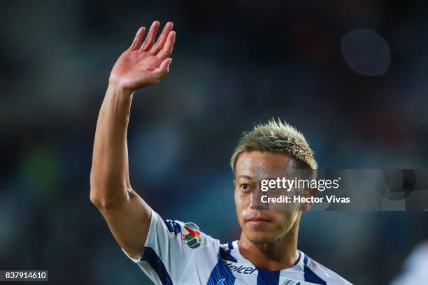 Keisuke Honda of Pachuca celebrates after winning the sixth round match between Pachuca and Veracruz as part of the Torneo Apertura 2017 Liga MX at...