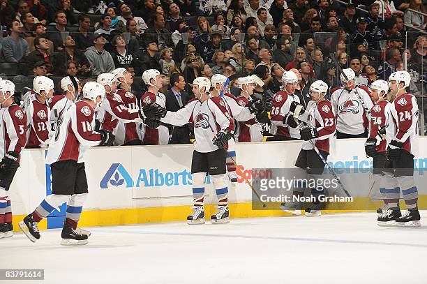The Colorado Avalanche celebrate a first period goal from Milan Hejduk against the Los Angeles Kings during the game on November 22, 2008 at Staples...