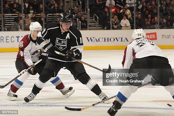 Paul Stastny of the Colorado Avalanche defends against Anze Kopitar of the Los Angeles Kings during the game on November 22, 2008 at Staples Center...