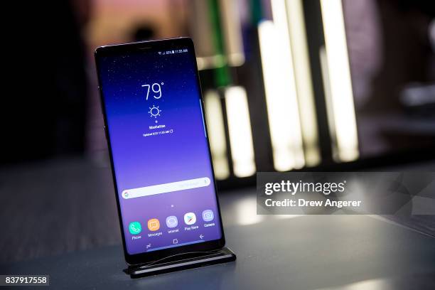 The new Samsung Galaxy Note8 smartphone is displayed during a launch event, August 23, 2017 in New York City. The Galaxy Note8 will be released in...