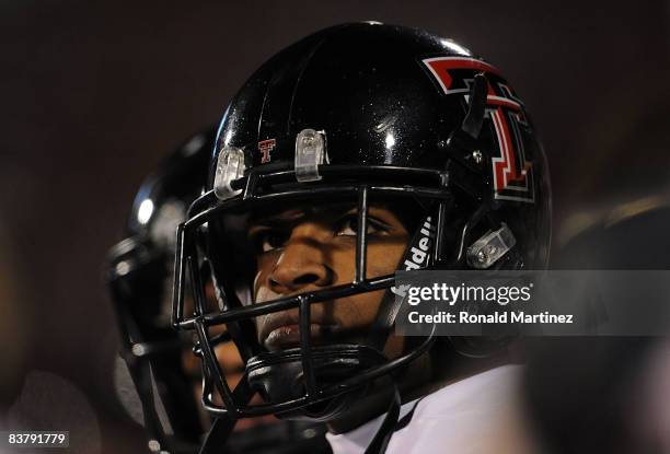 Wide receiver Michael Crabtree of the Texas Tech Red Raiders on the sidelines during a 65-21 loss against the Oklahoma Sooners at Memorial Stadium on...