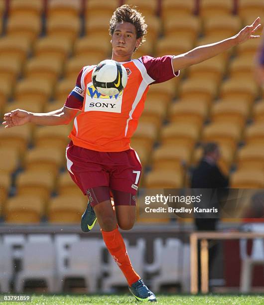 Adam Sarota of the Roar attempts to control the ball during the round nine National Youth League match between Queensland Roar and the Perth Glory at...