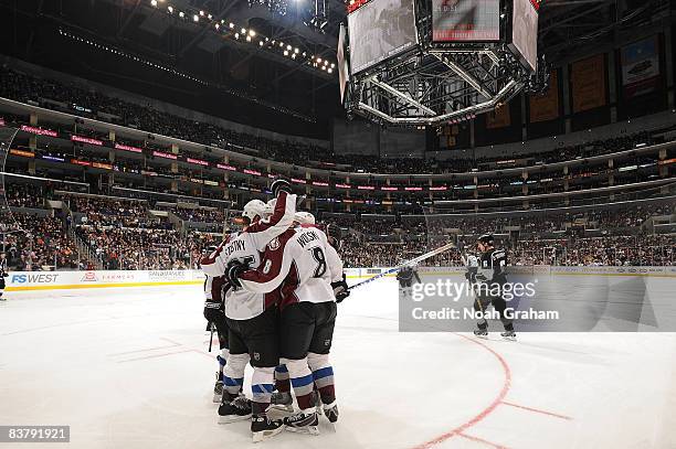 The Colorado Avalanche celebrate a second period goal from Wojtek Wolski during the game against the Los Angeles Kings on November 22, 2008 at...