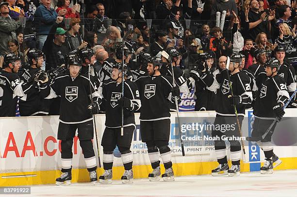 The Los Angeles Kings celebrate a second period goal from Alexander Frolov during the game against the Colorado Avalanche on November 22, 2008 at...