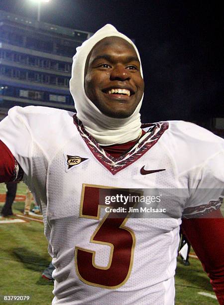 Myron Rolle of the Florida State Seminoles walks off the field after defeating the Maryland Terrapins on November 22, 2008 at Byrd Stadium in College...