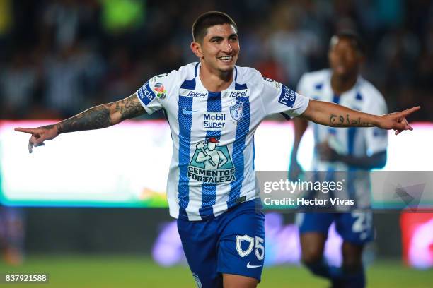 Victor Guzman of Pachuca celebrates after scoring the third goal of his team during the sixth round match between Pachuca and Veracruz as part of the...