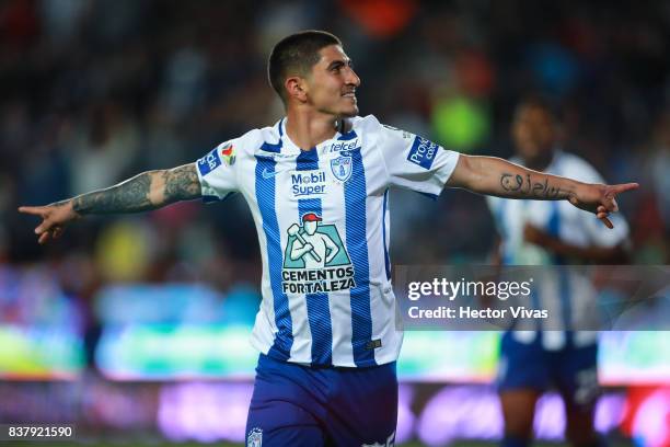 Victor Guzman of Pachuca celebrates after scoring the third goal of his team during the sixth round match between Pachuca and Veracruz as part of the...