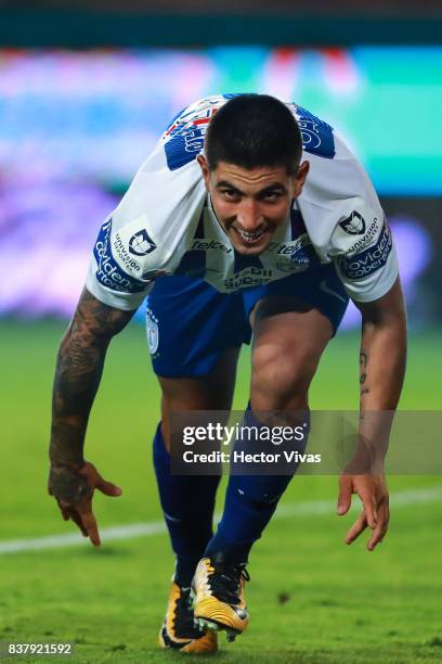 Victor Guzman of Pachuca celebrates after scoring the third goal of his team during the sixth round match between Pachuca and Veracruz as part of the...