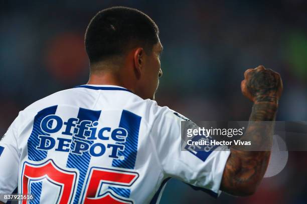 Victor Guzman of Pachuca celebrates after scoring the third goal of his team during the sixth round match between Pachuca and Veracruz as part of the...