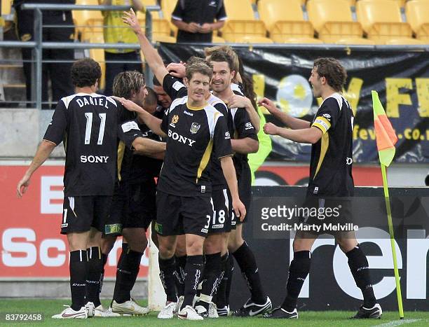 The Phoenix celebrate a goal during the round 12 A-League match between the Wellington Phoenix and the Newcastle Jets at Westpac Stadium on November...