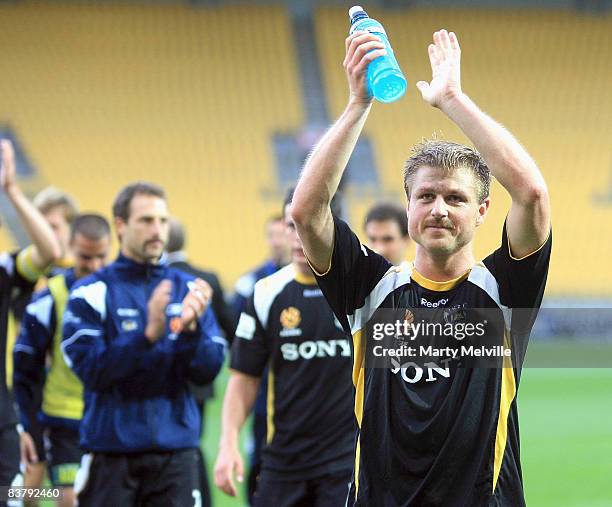 Ben Sigmund of the Phoenix celebrates the win during the round 12 A-League match between the Wellington Phoenix and the Newcastle Jets at Westpac...