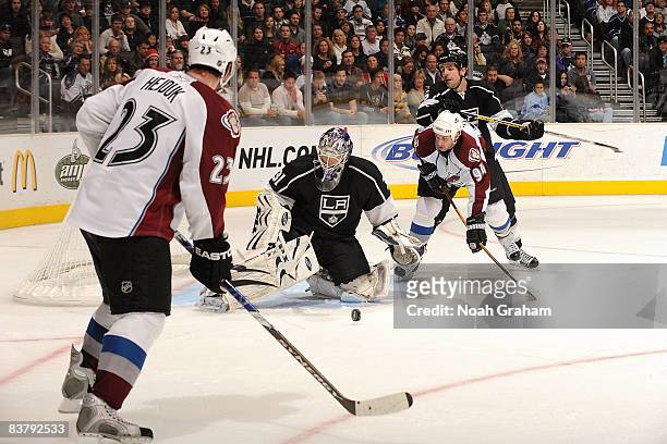 Milan Hejduk of the Colorado Avalanche shoots against Erik Ersberg of the Los Angeles Kings during the game on November 22, 2008 at Staples Center in...