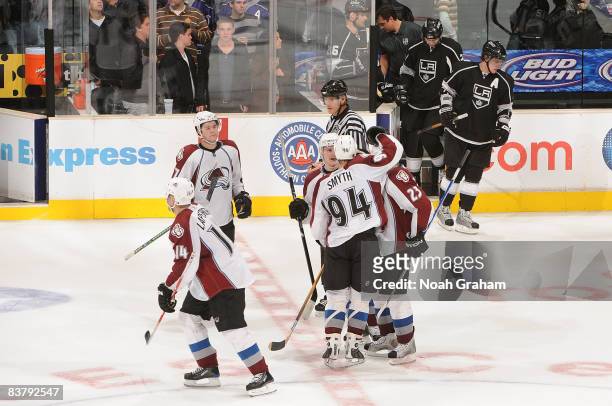 Actor/Singer Jesse McCartney watches the Colorado Avalanche celebrate a 4-3 win in a shootout against the Los Angeles Kings during the game on...