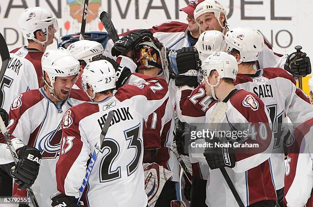 The Colorado Avalanche celebrate a 4-3 win in a shootout against the Los Angeles Kings during the game on November 22, 2008 at Staples Center in Los...