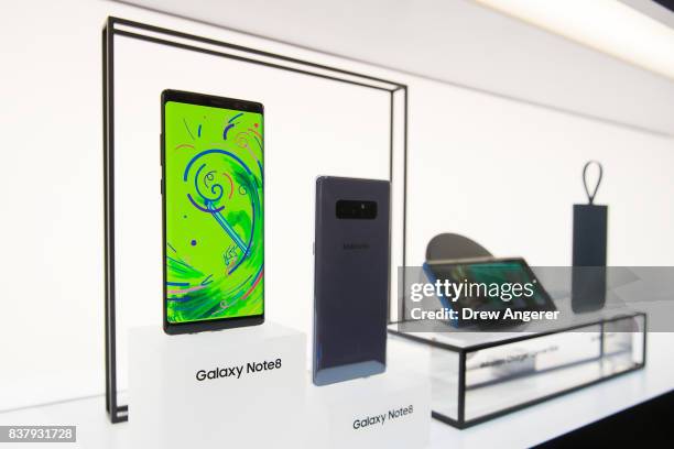 The new Samsung Galaxy Note8 smartphone is displayed during a launch event, August 23, 2017 in New York City. The Galaxy Note8 will be released in...