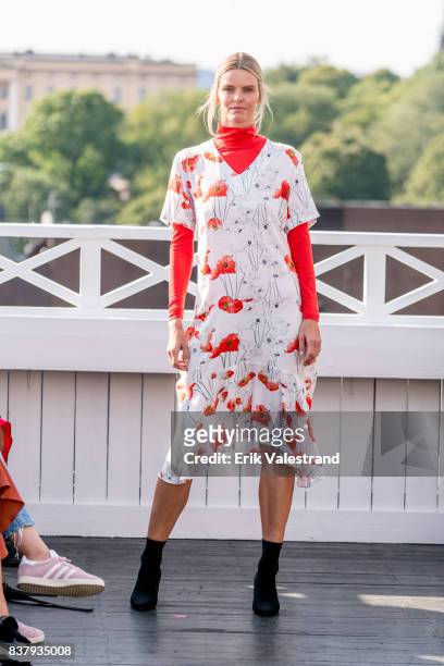 Model walks the runway at the Veronica B. Vallenes show during the Fashion Week Oslo on August 23, 2017 in Oslo, Norway.