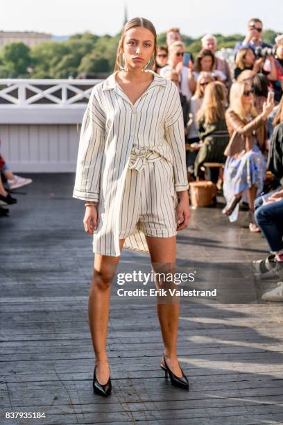 Model walks the runway at the Veronica B. Vallenes show during the Fashion Week Oslo on August 23, 2017 in Oslo, Norway.