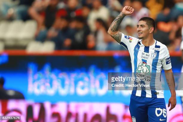 Victor Guzman of Pachuca celebrates after scoring the second goal of his team during the sixth round match between Pachuca and Veracruz as part of...