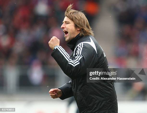 Michael Oenning, head coach of Nuernberg reacts during the second Bundesliga match between 1. FC Nuernberg and SpVgg Greuther Fuerth at the...