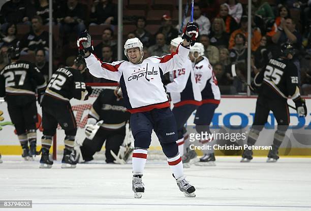 Mike Green of the Washington Capitals celebrates after scoring a first-period power-play goal against the Anaheim Ducks during the NHL game at Honda...