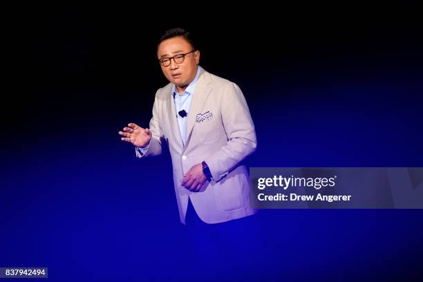 Koh, president of mobile communications business at Samsung, speaks about the new Samsung Galaxy Note8 smartphone during a launch event for the new...