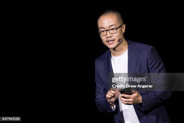 Jonathan Wong, director of product marketing at Samsung, speaks about the during new Samsung Galaxy Note8 smartphone during a launch event for the...