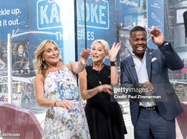 Personalities from 'Real Housewives of New York' Sonja Morgan, Dorinda Medley and AJ Calloway visit 'Extra' at their New York studios at H&M in Times...